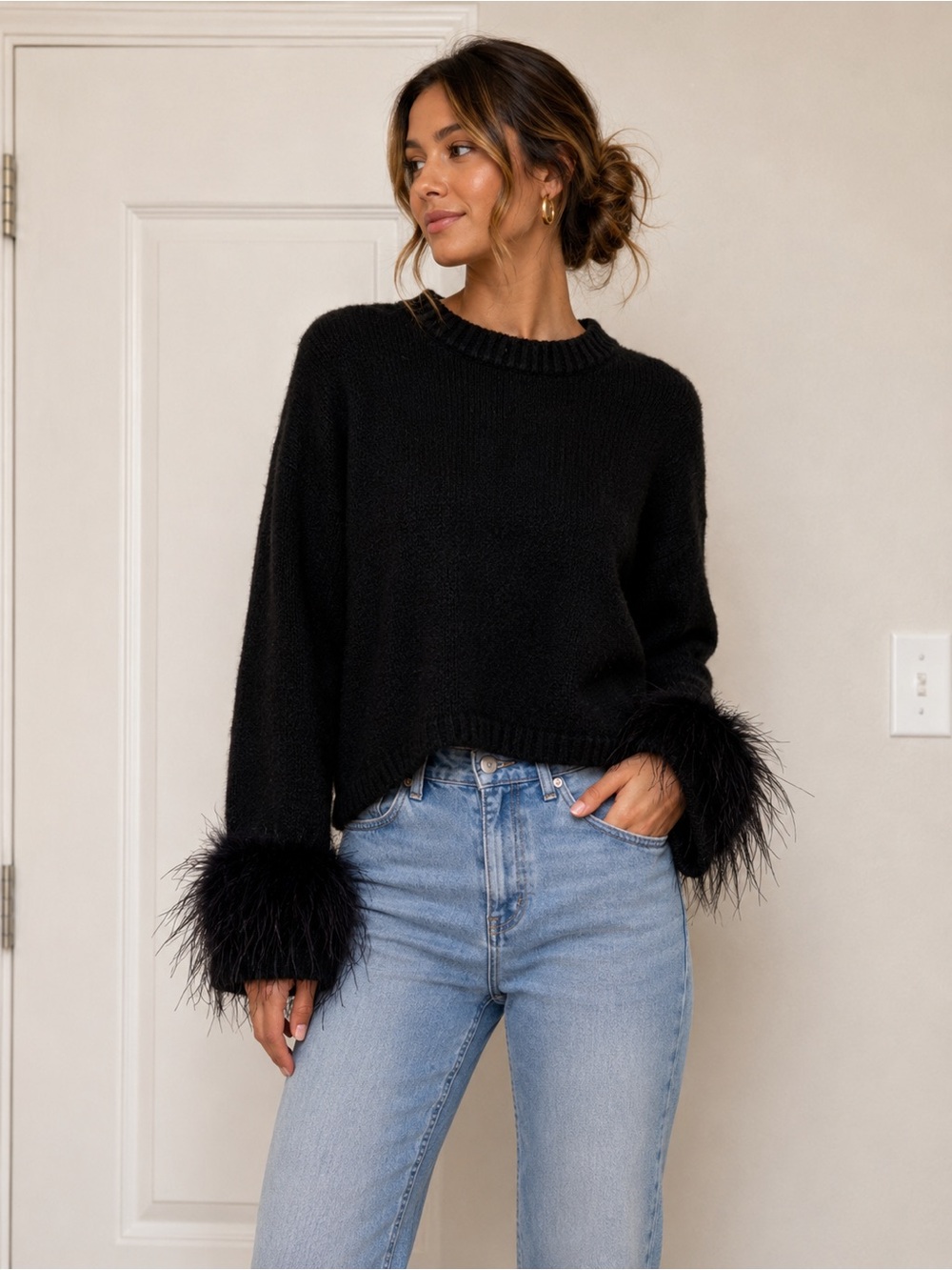 Feather Cuff Crewneck Sweater in Black - Women - WAYF NORDSTROM